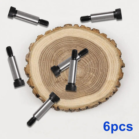 Beefy Alloy Steel Hex Socket Shoulder Screws 6 Pack, 1/2 Inch Shoulder Diameter, 1-1/2 Inch Shoulder Length, shown on wooden surface