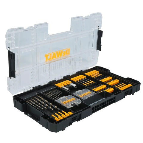 FlexTorq 100 Piece Impact Driver Bit Set With Beefed Up Magnetic Screw Lock Sleeve clear lid case displaying CNC machined bits