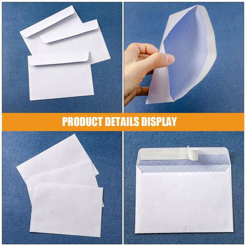 Collage of 100 Pack White Privacy Pattern Envelopes Self Sealing Mailers For Secure Document Mailing And Small Biz Packaging.