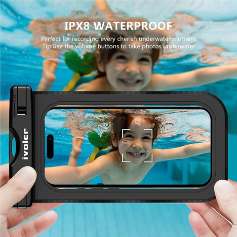Two Pack Waterproof Fanny Pack And Phone Pouch Dry Bag Set showing child underwater smiling