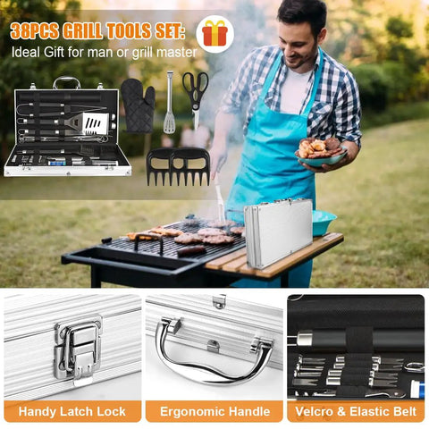 Man grilling with 38 Piece Stainless Steel BBQ Grill Tools Set With Aluminum Case Thermometer Grill Mats Meat Injector Basting Brush