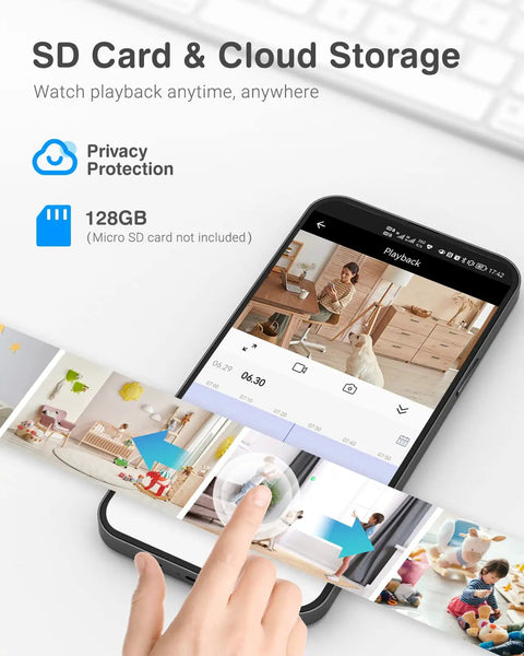 Viewing security footage on phone app with Crater 2K WiFi Pan Tilt Security Cam For Home, 3MP Baby And Pet Monitor, SD card slot shown.