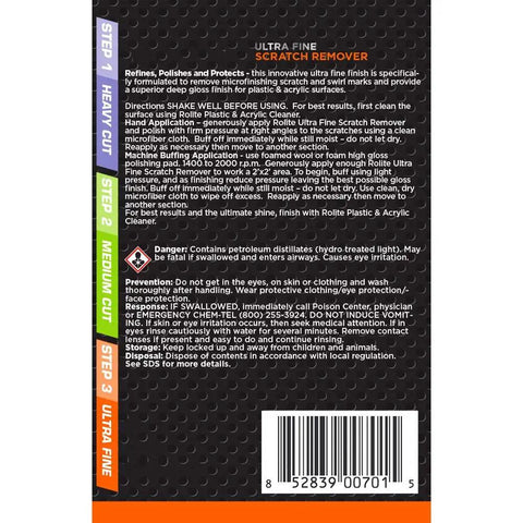 Back label of 3 Step Scratch Removal Kit For Clear Plastic And Acrylic Surfaces With Heavy Cut, Medium Cut And Ultra Fine Pro Grade Polishing Compounds That Gets Rid Of Scratches And Swirl Marks Includes 3 To 4 Ounce Bottles showing instructions and warnings.