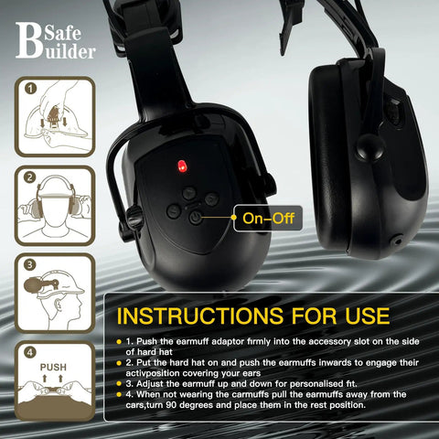 Bluetooth ear muffs for all in one safety helmet with visor, vented hard hat, OSHA approved, construction use, matte black.