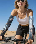 Stay Dope In The Heat With These Fly Ice Silk Arm Sleeves Designed Around A Sharp Mechanical Shark Look To Secure Ace Sunproof Coverage Snug Elastic Fit And Zero Sweat Summer Vibes on a cyclist.