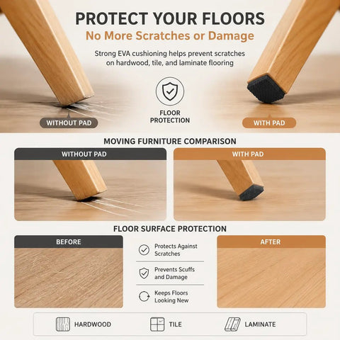 Comparison of floor scratches with and without 48 Count No Slip EVA Furniture Pads With Self Adhesive Backing For Chairs Couches Tables Feet Anti Scratch Floor Protectors Round And Square Black Glide Pads For All Your Home Furniture