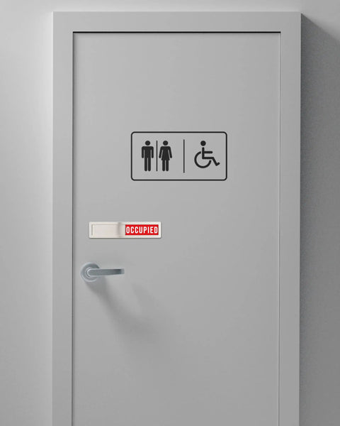Gray door with Vacant Occupied Privacy Sign For Office Doors Restrooms Pro Grade Smooth Sliding In Out Indicator shown as Occupied.