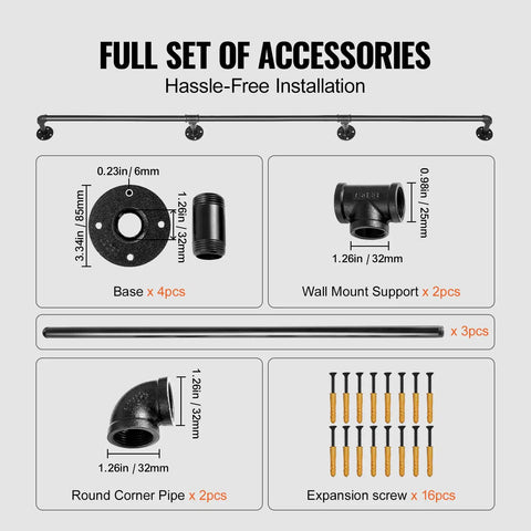 Industrial Beefy Pipe Stair Handrail System, 10 Ft Length, 3 Piece Carbon Steel Handrails, full set of accessories shown