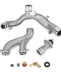 Drop In Aluminum Coolant Outlet Pipe LR092992 Heavy Duty Swap For Land Rover And Jaguar Rides Straight Plug And Play Engine Cooling Fix Keep Your Rig Running Sweet Period with silver finish and connection fittings