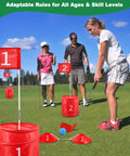 Adults playing with Adjustable Dual Length Golf Clubs For Backyard Practice on grass with red markers and targets.