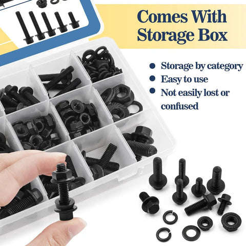 Industrial Strength M6 M8 M10 Flange Bolt And Serrated Nut Assortment Kit 288 Piece Hardware Set with storage box for organization.