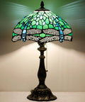 Tiffany Style Stained Glass Table Lamp With Green Dragonfly Shade, 12 Inch Shade And 19 Inch Tall Antique Bronze Reading Lamp, UL Listed