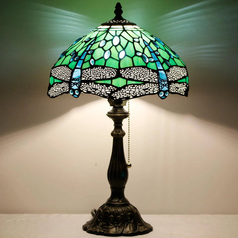 Tiffany Style Stained Glass Table Lamp With Green Dragonfly Shade, 12 Inch Shade And 19 Inch Tall Antique Bronze Reading Lamp, UL Listed