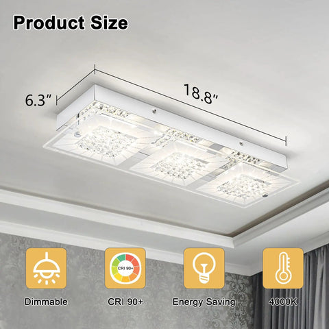 Crystal Rectangle Ceiling Light Fixture Flush Mount LED, Modern Hallway Kitchen Bathroom Bedroom Lighting, Dimmable 18W 4000K Bright White Glow With Sparkling Crystal Accents, Energy Efficient Ceiling Lamp showing dimensions of 18.8" x 6.3"