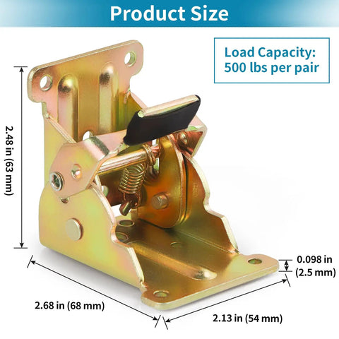 Heavy Duty Steel Folding Brackets Self Locking 90 Degree Hinge Kit With Mounting Screws For Tables Beds And Workbenches Rust Resistant Zinc Finish Built Tough Solid As A Rock Pack Of Four, showing dimensions and load capacity.