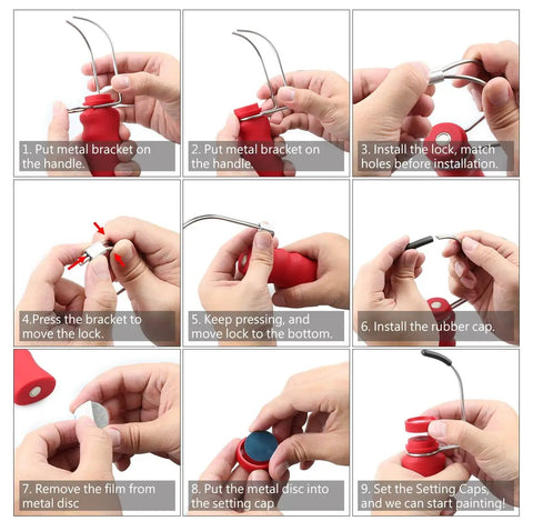 Pro Grade Red Painting Handle Built Tough With A Soft Matte Grip And Rock Solid Anti Shake Bracket installation steps with metal bracket and rubber cap.