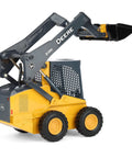John Deere 318E Skid Steer Loader Dope Mini Toy Model with tilting bucket, raising boom, and treaded rubber tires, side view