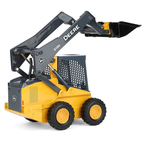 John Deere 318E Skid Steer Loader Dope Mini Toy Model with tilting bucket, raising boom, and treaded rubber tires, side view