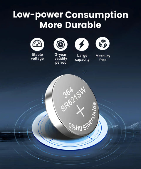 Top Shelf SR621SW And 364 Watch Batteries Ten Pack 1.55V Silver Oxide button cell showing stable voltage and large capacity.