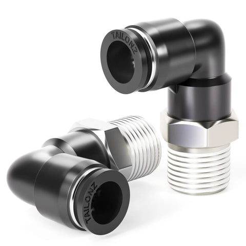 Pneumatic Male Elbow Push To Connect Fittings Pro Grade One Quarter Inch Tube Outer Diameter And One Eighth Inch NPT Thread Ninety Degree Copper And Plastic Pack Of Twenty, side view.