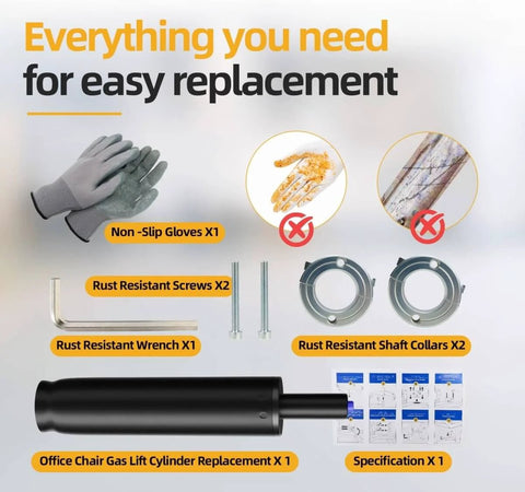 Office Chair Gas Cylinder Replacement Kit With 6 Inch Stroke Heavy Duty Hydraulic Piston, 1000 Lb Capacity, Universal Fit For Desk Chairs, Easy Peasy Installation With Removal Tool And Gloves components overview