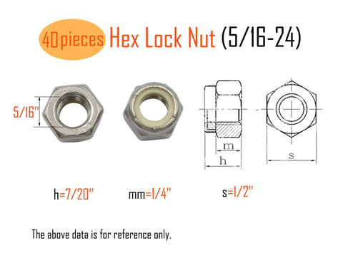 40 Pcs Nylon Insert Hex Lock Nuts 5/16-24 Stainless Steel 304 shown with dimensions and technical diagram