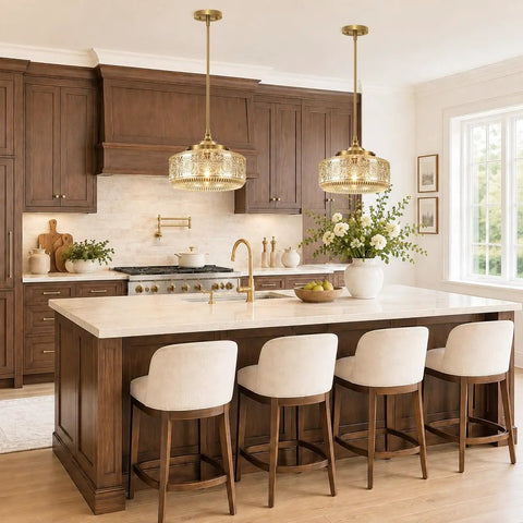 Stylish DSMJFU Gold Kitchen Pendant Light for Kitchen Vintage Glass Pendant Light hanging over a modern kitchen island.
