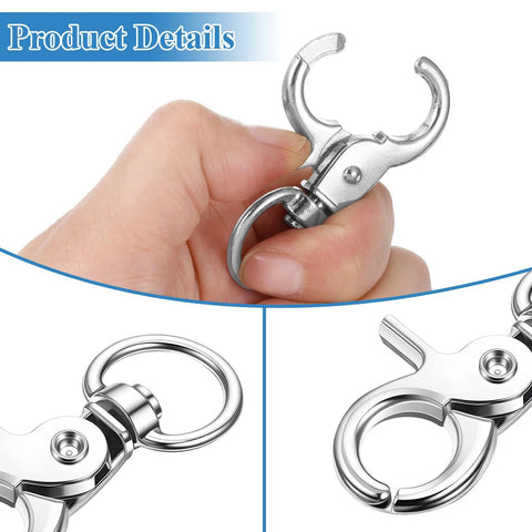 SHENLIU 36pcs trigger snap hooks, metal silver, swiveling ring; three-view collage (front, side, close-up)