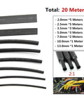 7 Size Heat Shrink Tubing Assortment Kit For Electrical Wire Wrapping Cable Insulation Sleeve 2 To 1 Ratio Perfect For Diy Projects And Quick Fixes On The Go, 20m black tubing set
