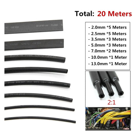 7 Size Heat Shrink Tubing Assortment Kit For Electrical Wire Wrapping Cable Insulation Sleeve 2 To 1 Ratio Perfect For Diy Projects And Quick Fixes On The Go, 20m black tubing set