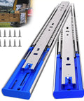 Heavy Duty 24 Inch Drawer Slides Full Extension Soft Close Ball Bearing Side Mount Runners For Cabinets And Tool Boxes 200 Lb Capacity showing steel construction and blue ends.