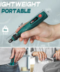 Cordless Rotary Tool Kit With 3.7V USB Charging And 55 Piece Accessory Set shown in hand and pocket for portability
