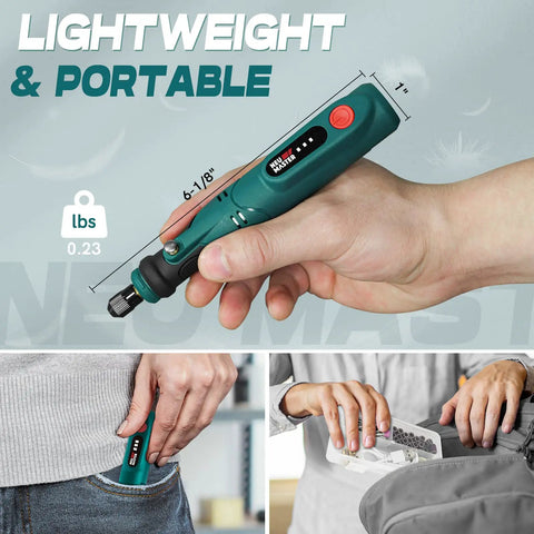 Cordless Rotary Tool Kit With 3.7V USB Charging And 55 Piece Accessory Set shown in hand and pocket for portability