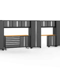 Gray 11 Piece Garage Storage Cabinet Set With 24 Gauge Fully Welded Steel Construction Tough As Nails Heavy Duty Design Featuring Secure Lockers Wall Shelves And Bamboo Worktops For Badass Shop Setup