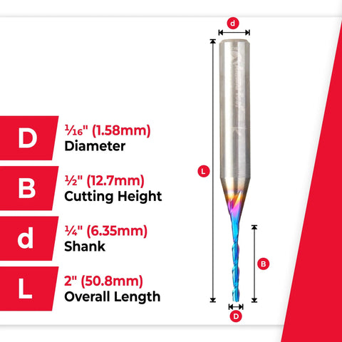 Diagram of Spektra Extreme Tool Life Coated Solid Carbide Spiral Plunge Router Bit 46009K with dimensions in inches and mm.