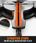 Front view of DOVAMAN 12-inch dual-bevel miter saw with orange measurement scale and metal detent plate