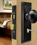 Old School Antique Interior Door Knobs With Mortise Lock Set And Vintage Skeleton Key Handles For Bathroom Bedroom Replacement Hardware that fits 1-3/8 to 1-3/4 inch thick doors.