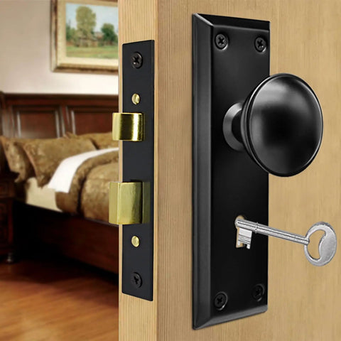 Old School Antique Interior Door Knobs With Mortise Lock Set And Vintage Skeleton Key Handles For Bathroom Bedroom Replacement Hardware that fits 1-3/8 to 1-3/4 inch thick doors.