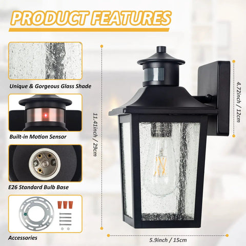 Smart Motion Sensor Outdoor Wall Light Dusk To Dawn LED Waterproof Exterior Fixture with features and dimensions shown