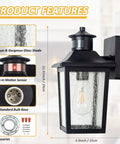 2 Pack Motion Sensor Outdoor Wall Lights Black Dusk To Dawn LED Waterproof Exterior Garage Light Fixture Modern Porch Light Wall Mount For Front Door House Anti Rust shown with dimensions and features