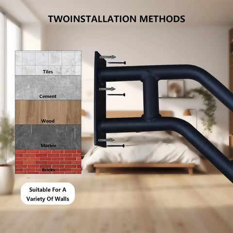 Rock Solid Black Handrails For Outdoor Steps 21 Inch Stair Railing welded base plate shown with installation methods for various surfaces.