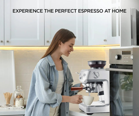 Woman using Bottomless 54mm Portafilter For Espresso Machines With Puck Filter Included in home kitchen, making espresso.