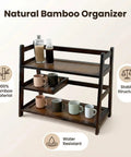 3 Tier Bamboo Matcha Station Organizer For Kitchen Countertop And Tea Bar, holding cups and bottles, in dark brown finish