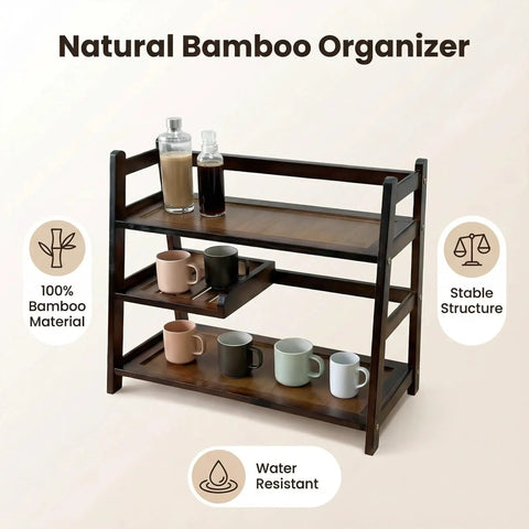 3 Tier Bamboo Matcha Station Organizer For Kitchen Countertop And Tea Bar, holding cups and bottles, in dark brown finish