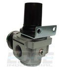 Front view: inline air pressure regulator with wall-mount bracket, gray metal body, black adjustment knob
