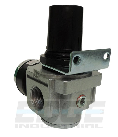 Front view: inline air pressure regulator with wall-mount bracket, gray metal body, black adjustment knob