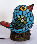 Bird Themed Glass Nightstand Lamp With Blue Green Stained Shade showing bird design on resin base for kids room or bedroom decor.