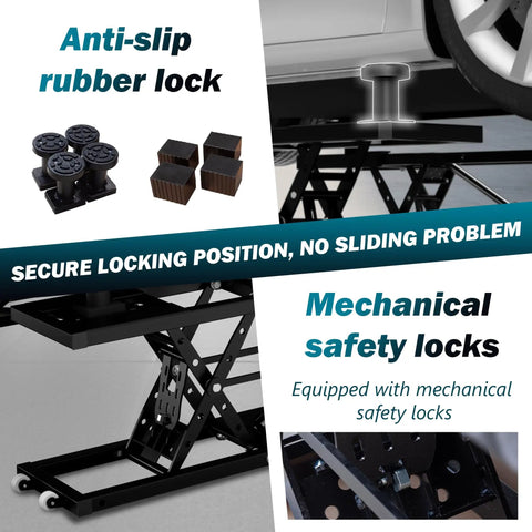 Heavy Duty Portable Car Lift With Bone Strong Carbon Steel And Rock Solid 7000 Pound Capacity showing anti-slip rubber and mechanical safety locks.