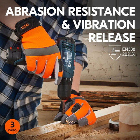 Light Duty Mechanic Work Gloves 3 Pair Pack For Construction And DIY, Size Large, synthetic leather palm, orange gloves in use with a drill