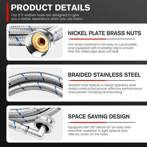 6Ft Stainless Steel Washer Hose With 90 Degree Elbow For All Washers 2 Pack Burst Proof Braided Hoses, product details infographic